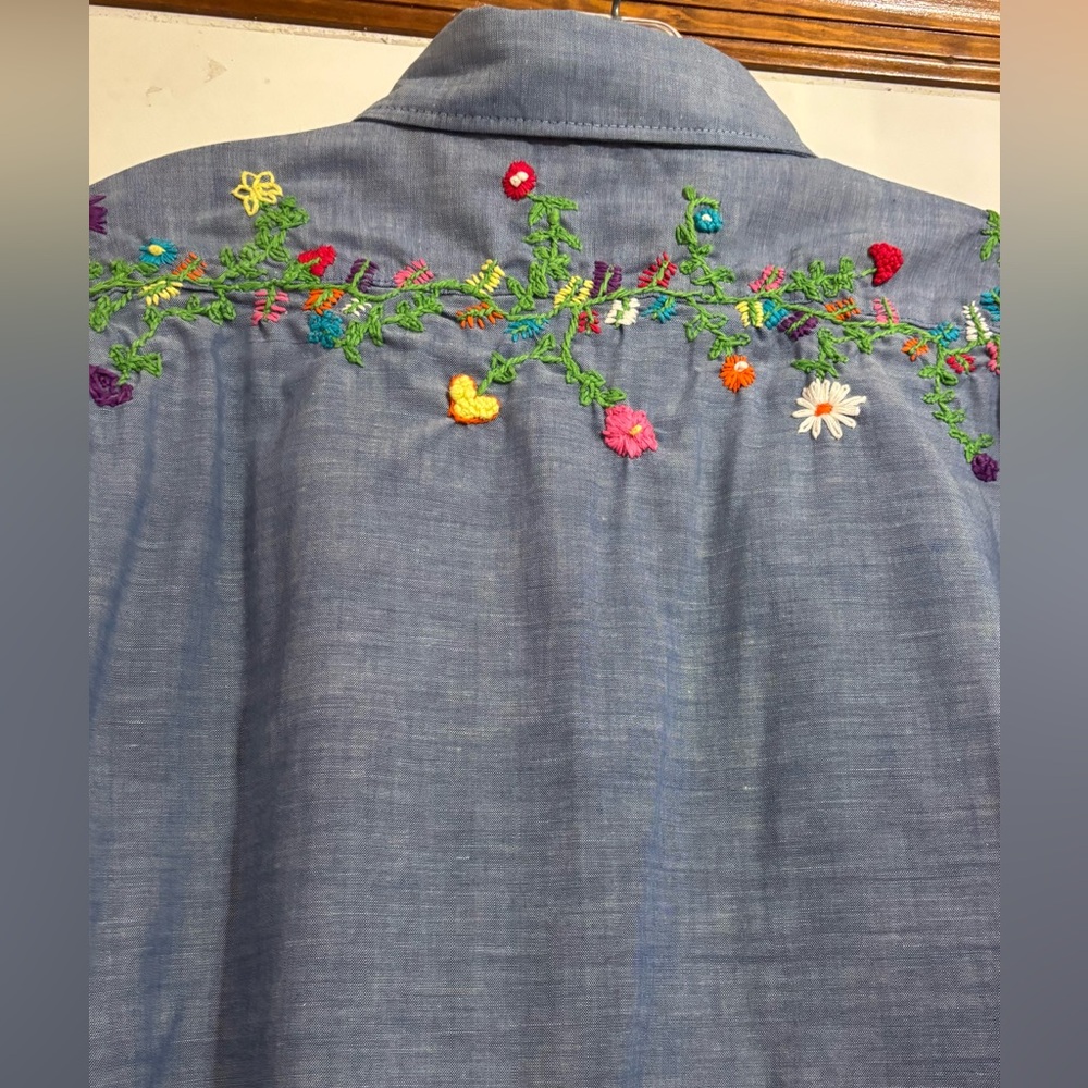 One-of-a-kind vintage hand-embroidered chambray shirt